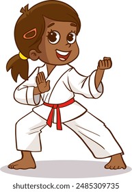 Linda niña de karate africana con cinturón negro que muestra las técnicas de defensa de la mano posa en la práctica de entrenamiento de arte marcial