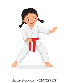 cute little karate kid girl with red belt showing hand defense techniques poses in martial art training practice