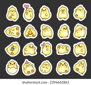 Cute little kawaii baby chicken. Sticker Bookmark. Kawaii chicks in different poses. Cartoon characters. Hand drawn style. Vector drawing. Collection of design elements.