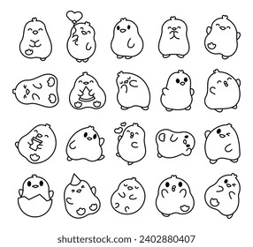 Cute little kawaii baby chicken. Coloring Page. Kawaii chicks in different poses. Cartoon characters. Hand drawn style. Vector drawing. Collection of design elements.