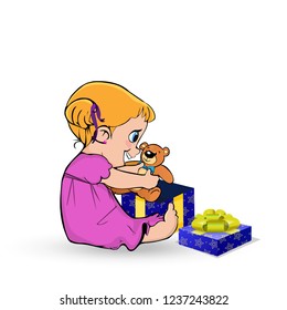 Cute little kawaii baby girl character in pink dress open gift box with teddy bear toy present sitting on the floor isolated on white background. Vector clip art, element for greeting card design.