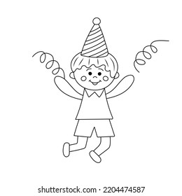 Cute little kawaii boy with party hat and confetti in doodle style. Hand drawn line art vector illustration for coloring book.