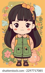 cute little kawaii girl illustration flat colors vector illustration digital art Anime isolated