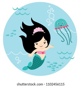 Cute Little Kawaii Style Black Hair Mermaid Underwater with Jelly Fish Circle Design Isolated on White Vector Illustration