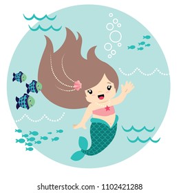 Cute Little Kawaii Style Mermaid Waving Underwater with Fish Circle Design Isolated on White Vector Illustration