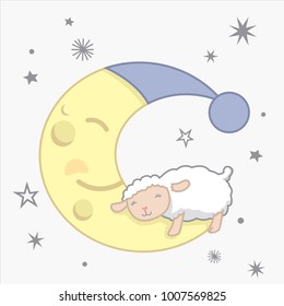 Cute Little Kawaii Style Sheep Sleeping on the Moon Dreamy Counting Sheep with Stars Night Scene Dreamy Counting Sheep Vector Illustration