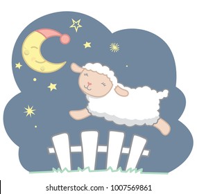 Cute Little Kawaii Style Sheep Jumping Over White Picket Fence Under The Crescent Moon With Night Cap And Stars Night Scene Dreamy Counting Sheep Vector Illustration