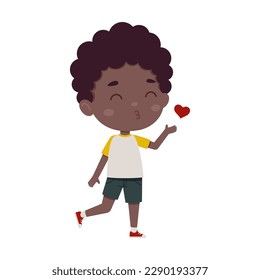 Niño pequeño, niño, niño africano, soplando un beso. Caricatura de un escolar de caricatura muestra expresión facial. Ilustración vectorial.