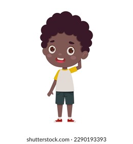 Cute little kid african boy confused. Cartoon schoolboy character show facial expression. Vector illustration.