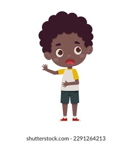 Cute little kid african boy feeling disgusted. Cartoon schoolboy character show facial expression. Vector illustration.