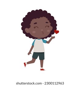 Cute little kid african girl blowing a kiss. Cartoon schoolgirl character show facial expression. Vector illustration.