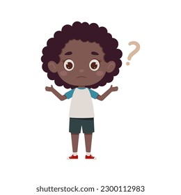 Cute little kid african girl confused with question mark. Cartoon schoolgirl character show facial expression. Vector illustration.