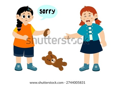Cute little kid apologizing, vector illustration. Little kid saying sorry
