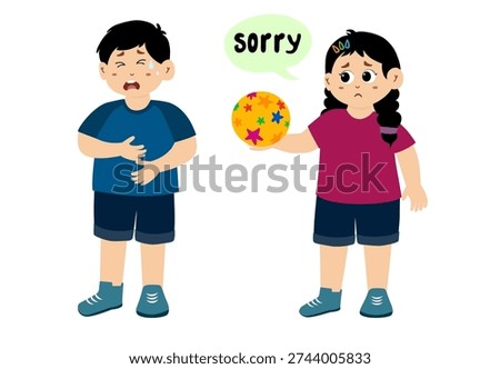 Cute little kid apologizing, vector illustration. Little kid saying sorry