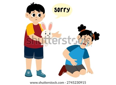 Cute little kid apologizing, vector illustration. Little kid saying sorry