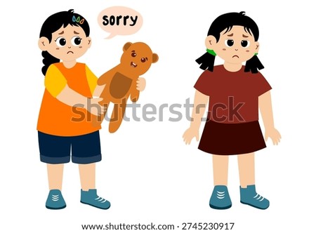 Cute little kid apologizing, vector illustration. Little kid saying sorry