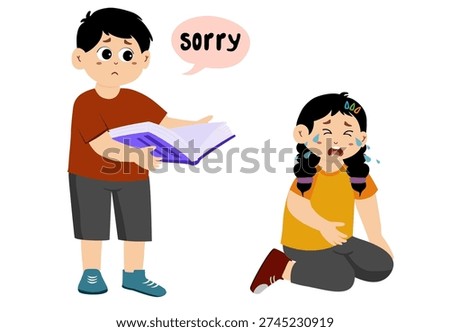Cute little kid apologizing, vector illustration. Little kid saying sorry
