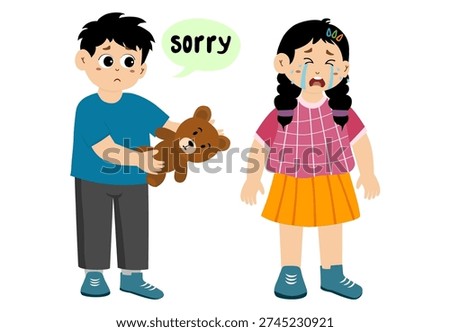 Cute little kid apologizing, vector illustration. Little kid saying sorry