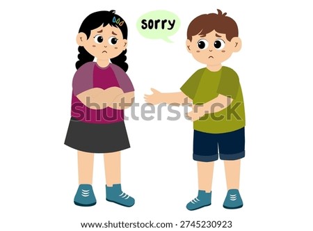 Cute little kid apologizing, vector illustration. Little kid saying sorry