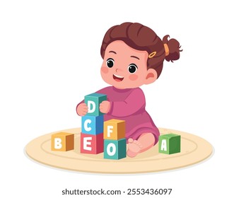 cute little kid baby girl playing with colorful bricks