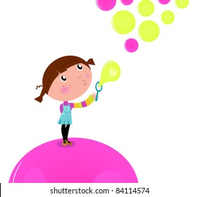 Cute little Kid blowing Soap bubbles isolated on white Lovely little Girl blowing Soap bubbles in the Air. Vector cartoon Illustration.