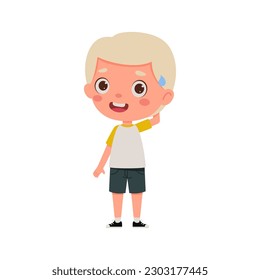 Cute little kid boy with blond hair confused. Cartoon schoolboy character show facial expression. Vector illustration.