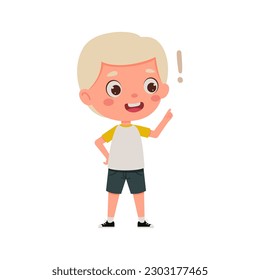 Cute little kid boy with blond hair and great idea. Cartoon schoolboy character show facial expression. Vector illustration.
