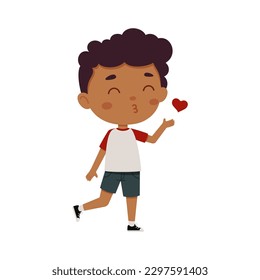 Cute little kid boy blowing a kiss. Cartoon schoolboy character show facial expression. Vector illustration.