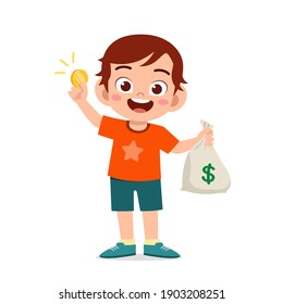 cute little kid boy carry bag of cash and coin