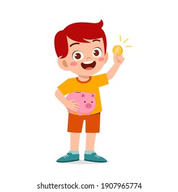 cute little kid boy carry piggy bank and golden coin