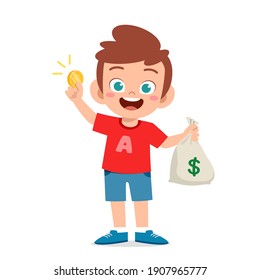 cute little kid boy carry bag of cash and coin