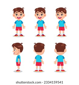 Cute little kid boy character turn around with happy expression and standing poses