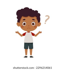 Cute little kid boy confused with question mark. Cartoon schoolboy character show facial expression. Vector illustration.