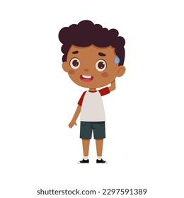 Cute little kid boy confused. Cartoon schoolboy character show facial expression. Vector illustration.