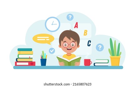 Cute little kid boy doing homework read book.Boy study with smile.Back to school concept.Vector illustration