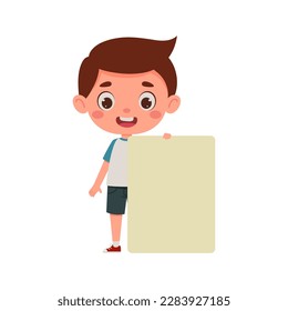 Cute little kid boy with empty blank paper. Cartoon child character. Vector illustration.