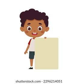 Cute little kid boy with empty blank paper. Cartoon child character. Vector illustration.