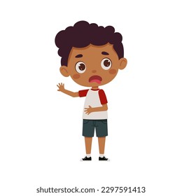 Cute little kid boy feeling disgusted. Cartoon schoolboy character show facial expression. Vector illustration.