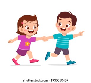 cute little kid boy and girl holding hand and walking together