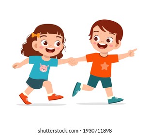 cute little kid boy and girl holding hand and walking together