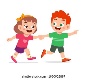 cute little kid boy and girl holding hand and walking together