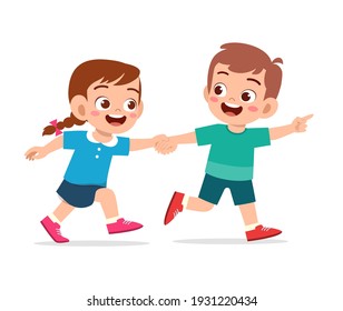 cute little kid boy and girl holding hand and walking together