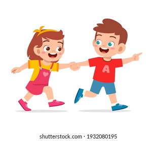 cute little kid boy and girl holding hand and walking together