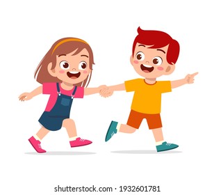 cute little kid boy and girl holding hand and walking together