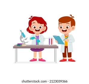 cute little kid boy and girl do research in the lab