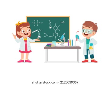 niño y niña lindos hacen investigación en el laboratorio