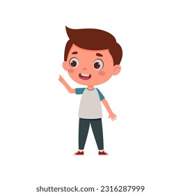 Cute little kid boy with great idea. Template for children design. Cartoon schoolboy character show facial expression. Vector illustration.