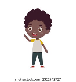 Cute little kid boy with great idea. Template for children design. Cartoon schoolboy character show facial expression. Vector illustration.