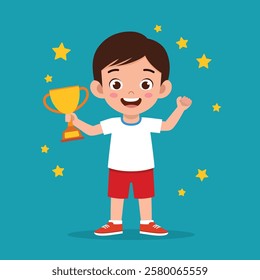Cute Little Kid Boy Holding Trophy and Feel Happy - Cartoon Vector Illustration