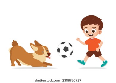 Cute little kid boy play with pet dog vector illustration